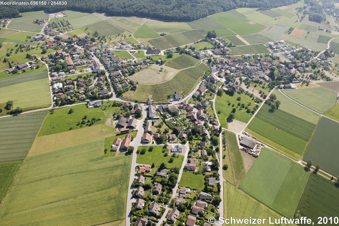 links Neudörflingen, in der Mitte Unterberg, rechts Hinterdorf; Rebland am Buck